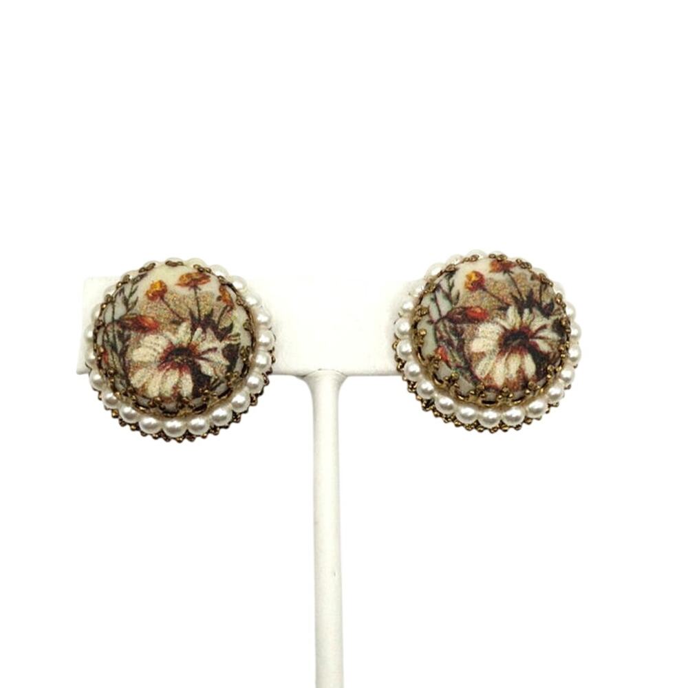 West Germany Sugar Glass Floral Clip On Earrings 3.5cm